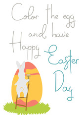 Greeting Easter card with cute coloring bunny on stairs.