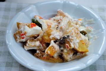 Homemade cold Turkish dish (meze) made of cooked vegetables (tomato, potato, eggplant and carrots) and plain yogurt