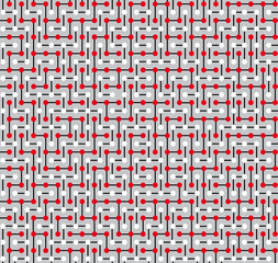 Seamless texture, made in the form of a complex maze consisting of white and red circles and white segments on a gray background, like a calico fabric, in the old style