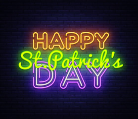 Happy St. Patrick's Day neon text vector design template. Happy Saint Patrick's Day neon logo, light banner design element colorful modern design trend, night bright advertising, bright sign. Vector