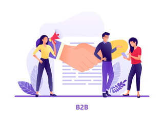 B2B Shaking hands with small people. Business to business. Flat modern concept vector illustration for web, landing page, banner, presentation, flyer, poster.