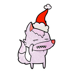 textured cartoon of a wolf showing teeth wearing santa hat