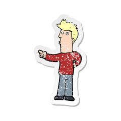 retro distressed sticker of a cartoon man pointing