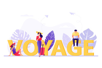 Voyage, Travelling, booking - small people near big letters Voyage. Vacation, recreation, holiday, travel. Tropical island. Flat concept vector illustration for web, landing page, banner.