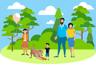 Obraz na płótnie Canvas Family on holiday in the park with a dog. In minimalist style. Flat isometric vector