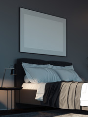 Blank white poster in modern stylish bedroom above cozy bed, 3d rendering.