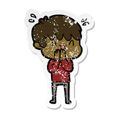 distressed sticker of a cartoon laughing boy