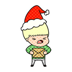 comic book style illustration of a stressed man wearing santa hat