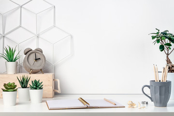 White desk next to an empty wall with space for text. Copy space. Green succulents as a decoration....