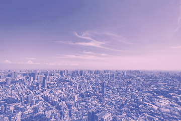 Japan Tokyo Roppongi area city urban dense building landscape and clear sky aerial view in duotones vivid pink blue