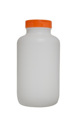 white plastic bottle with an orange cover for drugs or sports food. Isolated on a white background