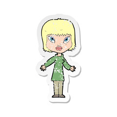 retro distressed sticker of a cartoon woman with open arms