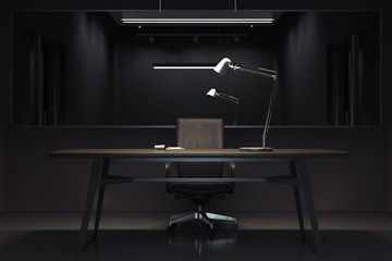 Dark interrogation room with switched-off lamp and big mirror, 3d rendering. - obrazy, fototapety, plakaty