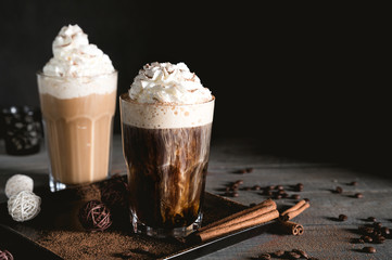 Black and white coffee cocktails with cream