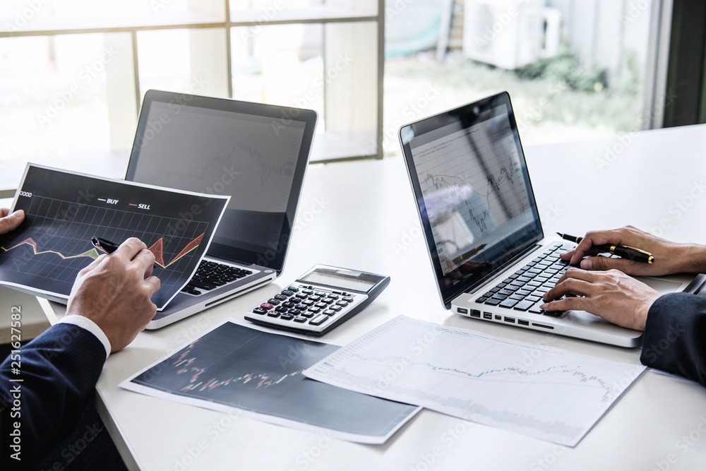 Poster business team investment working with computer and analysis graph stock market trading with stock ch