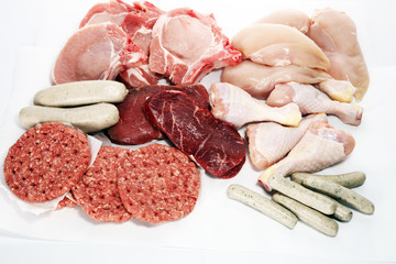 raw meat. Different types of raw pork meat, chicken and beef