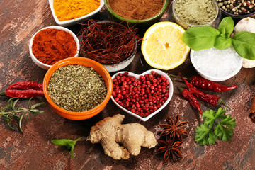 Spices and herbs on table. Food and cuisine ingredients.