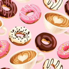 Vector seamless pattern with coffee and donuts