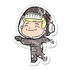 distressed sticker of a happy cartoon astronaut