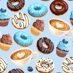Vector seamless pattern with coffee and donuts