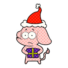 comic book style illustration of a unsure elephant with christmas present wearing santa hat