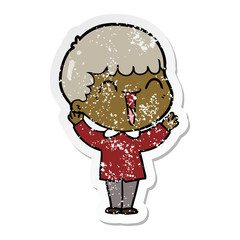 distressed sticker of a cartoon happy man