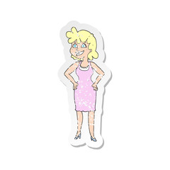 retro distressed sticker of a cartoon happy woman wearing dress
