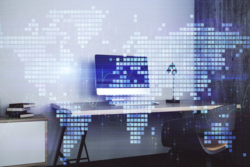 Double exposure of World map polygonal with work space background. Globalization concept. 3d render