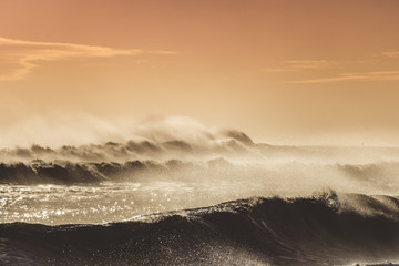 Golden afternoon light shining across large ocean waves. Dramatic scene with copy space