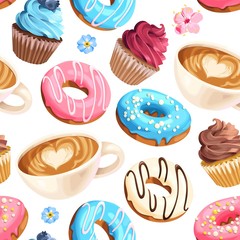 Vector seamless pattern with coffee and donuts