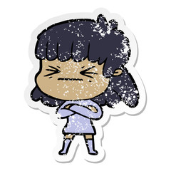 distressed sticker of a cartoon stressed out woman