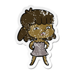 distressed sticker of a cartoon worried woman