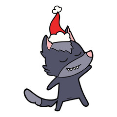 friendly line drawing of a wolf wearing santa hat