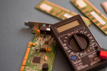 Computer parts repair concept. Many electronic microchips 