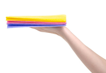 Cleaning rag color in hand on white background isolation