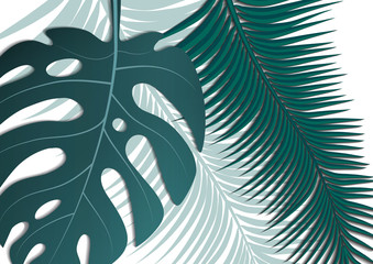 Tropical bright flyer, leaflet with monster leaves and palm trees. Exotic tropical trendy print. Invitation to a party in an exotic style. Vector illustration.