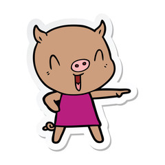 sticker of a happy cartoon pig in dress
