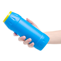Blue bottle detergent powder in hand on white background isolation