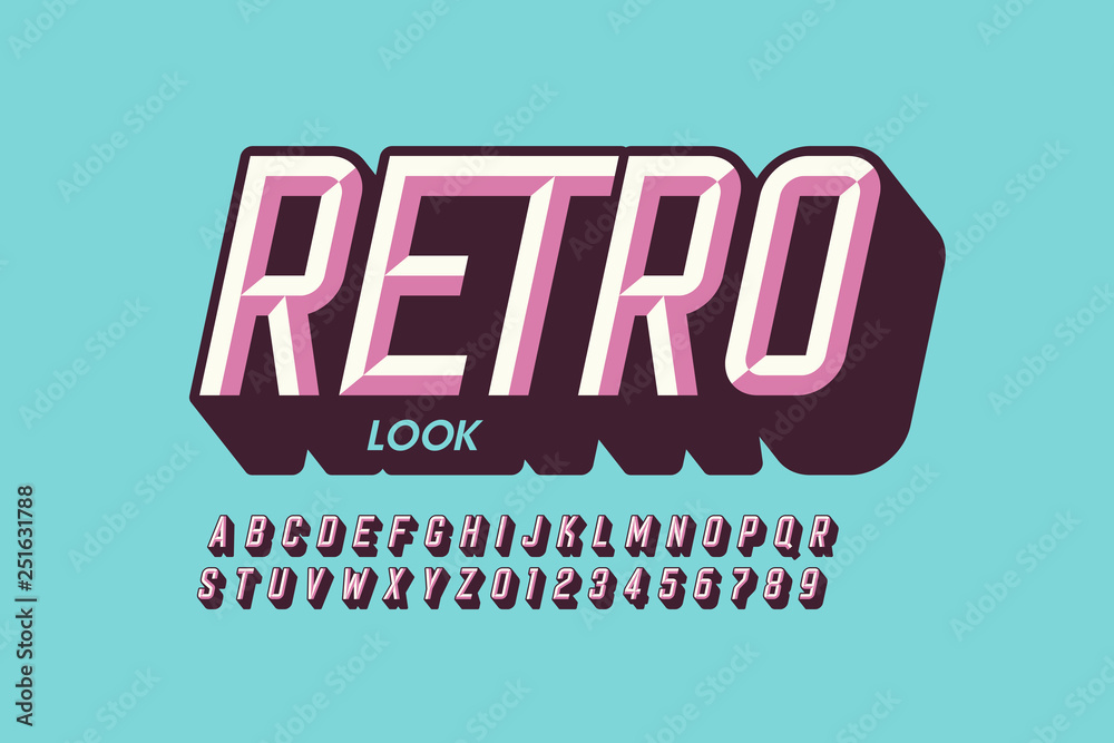 Fototapete modern retro style font design, retro look alphabet letters and numbers