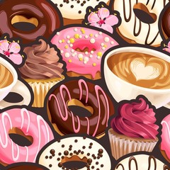 Vector seamless pattern with coffee and donuts