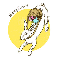 Easter bunny with bag of eggs. Vintage color card. Engraving style. Vector illustration.