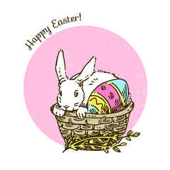 Easter bunny sitting in basket with egg. Vintage color card. Engraving style. Vector illustration.