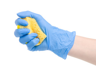 hand in cleaning glove with yellow clean sponge on white background isolation