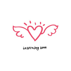 Inspiring love. Hand drawn logo line art wings and heart. Can be used for different designs, for example a print on a t-shirt.