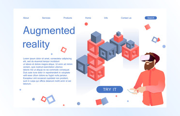 Landing page template of virtual augmented reality glasses concept with man learning and entertaining. Concept of web page design for website and mobile website. Vector illustration.