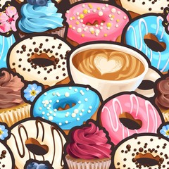 Vector seamless pattern with coffee and donuts