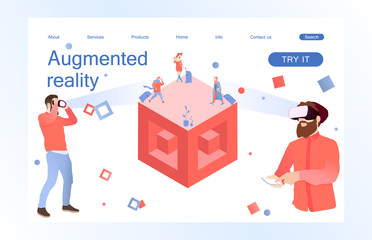 Landing page template of virtual augmented reality glasses concept with man learning and entertaining. Concept of web page design for website and mobile website. Vector illustration.