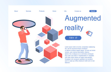 Landing page template of virtual augmented reality glasses concept with man learning and entertaining. Concept of web page design for website and mobile website. Vector illustration.
