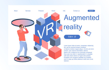 Landing page template of virtual augmented reality glasses concept with man learning and entertaining. Concept of web page design for website and mobile website. Vector illustration. 