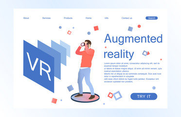 Landing page template of virtual augmented reality glasses concept with man learning and entertaining. Concept of web page design for website and mobile website. Vector illustration.